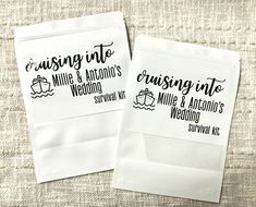 two wedding handkerchiefs with the words cruising into and cruising into each other on them