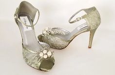 green lace wedding shoes with pearl and crystal design Bridal Shoes Lace, Lace Wedding Shoes, Lace Bridal Shoes, Cascade Design, Custom Wedding Shoes, Gold Applique, How To Dye Shoes, Wedding Shoes Lace, Sage Green Wedding