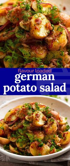 two pictures with different types of food in them and the words, how to make german potato salad