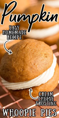 the recipe for pumpkin whoopie pies is shown on a cooling rack with text overlay