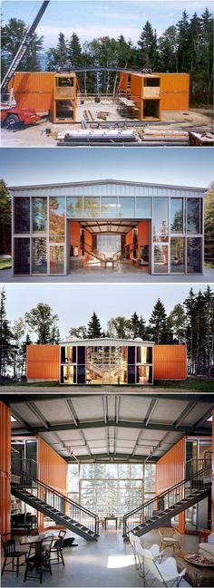 three different views of the inside and outside of a building that is being constructed with shipping containers