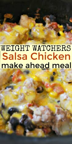 weight watchers salsa chicken skillet recipe in a slow cooker with text overlay that reads, weight watchers salsa chicken make ahead meals