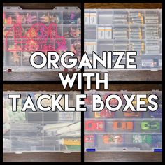 organized with tackle boxes on top of a wooden table