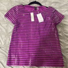 Purple Brown Stripe Sequins Top From J.Crew. Size Xs Summer Purple Sequined Tops, Spring Sequins Crew Neck T-shirt, Cheap Sequined Crew Neck T-shirt, Cotton Sequin Crew Neck T-shirt, Purple Moisture-wicking Tops With Medium Support, Preppy Tops, Sequins Top, Cotton Poplin Top, Rugby Fashion