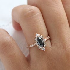 Marquise Engagement Ring Black Diamond, Black Diamond Engagement Ring White Gold, Diamond And Black Diamond Ring, Black Engagement Ring Gold Band, Black Marquise Ring, Gold Black Engagement Ring, Diamond Engagement Ring With Black Accents, Black Vintage Engagement Ring, Black Diamond Engagement Ring Gold