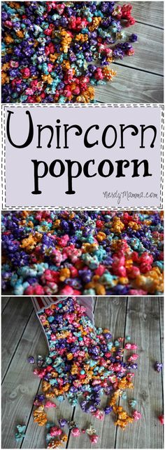 a pile of colorful popcorn sitting on top of a wooden floor next to a sign that says unicorn popcorn