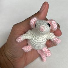 a hand holding a small white crocheted animal