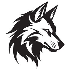 a black and white wolf's head on a white background