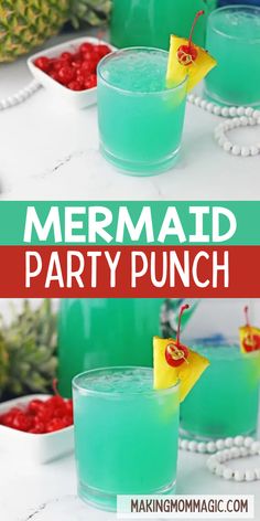 mermaid party punch with pineapple garnish on the rim