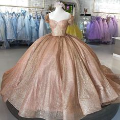 Champagne Sparkle Ball Gown Off-the-Shoulder Short Sleeves Quinceanera Dress Rose Gold Champagne Quinceanera Dresses, Rose Gold Xv Dresses, Xv Dresses Pink, Champagne Quinceanera Dress, Rose Gold Quince Dresses, Champagne Quinceanera, Rose Gold Quinceanera Dresses, Sparkly Ball Gown, Xv Dresses