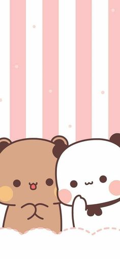 two brown bears standing next to each other on a pink and white striped wallpaper