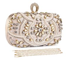 PRICES MAY VARY. ♥Clutch Material - Smooth soft satin fabric and lining, will not hurt your skin. Elegant beads, pearls, crystal rhinestones, sturdy stainless steel chains and frame. ♥Clutch Dimensions - 7.48"L x 1.97"W x 3.55"H (19 x 5 x 9 cm), roomy for cellphone, keys, cards and lipsticks, etc. It is also a perfect size for a party handbag and cross body purse. ♥Bag Features - The crystal clutch purse was designed with a unique magnetic clasp, easy to open and off. Fashion silver clutch and g Wedding Clutch Purse, Gold Clutch Bag, Prom Bag, Party Handbags, Luxury Clutch, Silver Clutch, Crystal Clutch, Gold Clutch, Wedding Purse