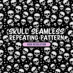 skulls with the words skull seamless repeating pattern in white and black on a black background