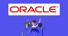 a man sitting at a desk in front of a sign that says oracle on it