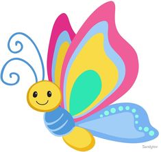 a cartoon butterfly with blue wings and yellow body is smiling at the viewer while sitting on its back