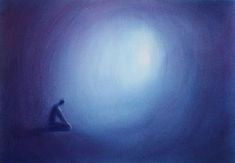 a painting of a person sitting in the middle of a dark room