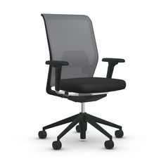 an office chair with wheels and black fabric upholstered seat, viewed from the front