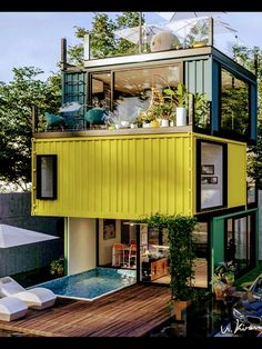 a house made out of shipping containers with a pool in the middle and lots of plants on top