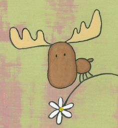 a painting of a moose with a flower in its antlers'mouth, on a green and pink background