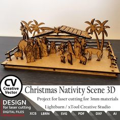 WHAT WILL YOU GET : Shape pattern Christmas Nativity Scene in 3D for materials thickness 3mm (0,12 inch) for laser cutting Dimensions: W:250mm L:120mm H:94mm You will download 1 ZIP file containing the following: Files for 3mm (0.12 inch) thickness: > LBRN (Lightburn) > DXF ( AutoCAD 2008-2013) > SVG (Scalable Vector Graphics) > AI (CS5) >XCS >Build Manual Files prepared for the laser working area => 200x300mm =>300x300mm =>400x600mm MATERIALS you can use : BEERMAT/ WOOD / PLYWOOD / MDF / PLEXIG Laser Nativity Scene, Routeur Cnc, 3d Svg, Christmas Nativity Scene, Cnc Plasma, Christmas Nativity, Nativity Set, Christmas Vectors, Nativity Scene