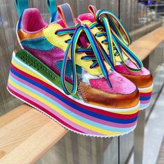 Women's Rainbow Sole Sneakers - High Heel PlatformElevate your style with Women's Rainbow Sole Sneakers - High Heel Platform. Crafted from genuine cow leather. these women's rainbow sole sneakers feature a vibrant mixed colors pattern that adds a splash of fun to any outfit. With a heel height around 7.5cm. they offer a chic high-heel platform design perfect for spring and autumn. The pigskin insole and mesh lining ensure comfort. while the lace-up closure provides a secure fit. Embrace fashion Chic High Heels, Platform Design, Beige T Shirts, Mid Heels Pumps, High Heel Sneakers, High Heel Platform, Sole Sneakers, Strap Pumps, Stiletto Sandals