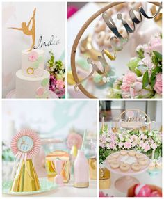 a collage of photos with cake, cupcakes and decorations