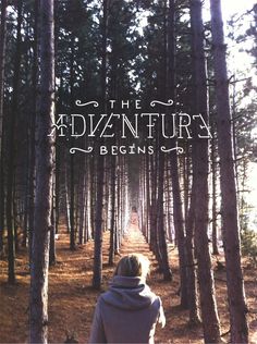 the book cover for the adventures begins with a person walking through a forest filled with tall trees