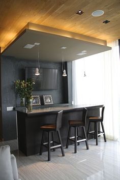 a kitchen with two bar stools next to an island