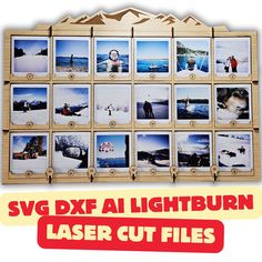 a wooden frame with pictures on it and the words svg dxf all lightburn laser cut files