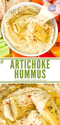 artichoke hummus in a white bowl with celery and carrots