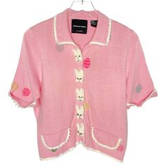 Michael Simon M Pink Easter Egg Bunny Cardigan Sweater Vintage Rare Size: M Measurements: Bust (Pit To Pit): 20" Length (Shoulder To Hem): 20" Condition: Very Good Vintage Pre-Owned Condition, No Stains, Holes Or Frays. Signs Of Normal Wear May Be Present. Please See All Photos. Measurements In Photos And Description. If You Are Unhappy With Any Part Of Your Purchase, Please Reach Out To Me First So I Can Work To Resolve Any Issues. Thank You! Y2k Style Cotton Sweater For Spring, Spring Fitted Collared Sweater, Fitted Collared Sweater For Spring, Vintage Pink Cardigan For Spring, 90s Style Button-up Tops For Spring, Vintage Fitted Summer Cardigan, 90s Style Long Sleeve Spring Sweater, Spring Y2k Collared Tops, Fitted Vintage Summer Cardigan