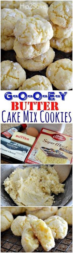 some cookies that are on top of a cooling rack and in the background is an image of buttery cake mix cookies