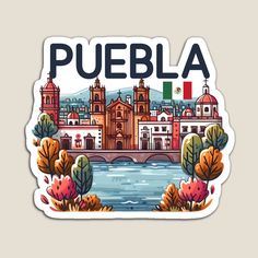 a sticker with the word pueblo in front of a cityscape and water