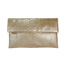 Handcrafted genuine python leather fold over clutch. Snake leather, with its light, durable and soft nature, makes it an exceptional material to use to make almost any kind of bag, accessory or apparel. Being handcrafted, each piece will vary slightly in its colour and pattern. Extremely versatile, you can carry the clutch practically anywhere, everywhere! Dimensions: Length 28cm; Height 16cm Material: Exterior - Hand dyed python leather in light metallic gold - Concealed magnetic closure Interi Python Bags, Fold Over Clutch, Snakeskin Purse, Snake Skin Bag, Metallic Clutch, Foldover Clutch, Snake Leather, Gold Clutch, Wedding Clutch