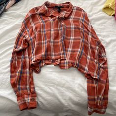 Basically Brand New - Wore 2 Times Light And Flowy Fits Size: S/M Make A Reasonable Offer Fall Cropped Shirt For Day Out, Trendy Spring Flannel Shirt, Trendy Flannel Shirt For Spring, Trendy Forever 21 Cotton Shirt, Trendy Cotton Shirt By Forever 21, Cropped Flannel, Forever 21 Tops, Orange Red, Color Orange