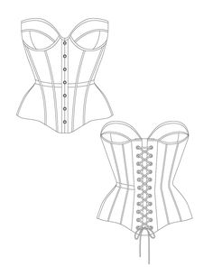 the front and back view of a corset with laces on it, drawn in