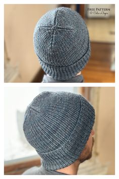 two pictures of a man wearing a knitted hat and looking at the back of his head