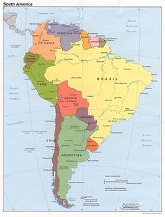 a map of south america with all the states and their major cities on one side