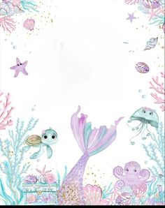 an underwater scene with sea animals, fish and starfish on the bottom right corner