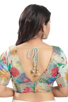 Buy Women's Pastel Blue Brocade Printed Readymade Saree Blouse Online - KARMAPLACE — Karmaplace Princess Cut Blouse Design Style, Blouse Designs For Floral Sarees, Open Neck Blouse Design, Normal Blouse Designs Latest Simple, V Neck Blouse Designs Saree, Saree Blouse Front Neck Designs, V Neck Blouse Indian, Collar Neck Blouse Designs, Trendy Saree Blouse Designs