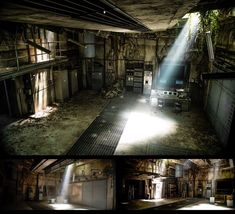 an abandoned building with sunlight coming through the windows and lighting up the room in it