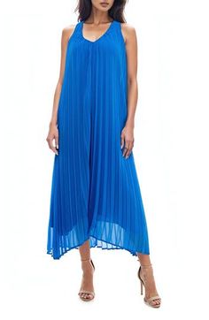 Move with grace in this billowy maxi trapeze dress showcasing a flurry of pleats and a stylish sharkbite hem. 47 1/2" to 53" length (size Medium) Slips on over head Deep V-neck Sleeveless, with cutaway shoulders Lined 100% polyester Hand wash, dry flat Imported Blue Pleated Dress With Pleated Hem For Spring, Spring Blue Pleated Dress, Blue Pleated Dress For Spring, Beach Pleated Chiffon Maxi Dress, Spring Daywear Maxi Dress With Pleated Back, Daywear Maxi Dress With Pleated Bodice, Spring Daywear Pleated Dress With Pleated Back, Pleated Chiffon Maxi Dress For Beach, Casual Pleated Chiffon Maxi Dress