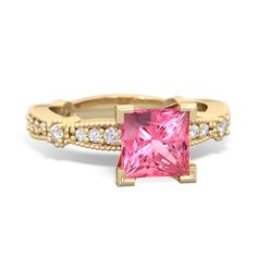 This exquisitely detailed 6mm {shape} lab pink sapphire engagement ring in 14K Yellow Gold, is a perfect mix of art-deco and antique ring styles. Milgrain accents border a row of diamonds up and down the band for a total of {diamondcarats}, with a sparkling vibrant pink lab pink sapphire as the star on the top. Available with many different center stones, and with a matching wedding band. Pink Tourmaline Engagement Ring, Pink Sapphire Jewelry, Square Engagement Rings, Pink Sapphire Ring Engagement, Ring Styles, Princess Ring, Tourmaline Jewelry, Sapphire Jewelry, Princess Cut Diamonds