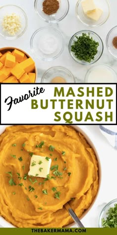 mashed butternut squash in a bowl with parsley on top and other ingredients around it