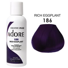 ADORE SEMI PERMANENT No Ammonia, No Peroxide, and No Alcohol. Adore’s exclusive formula offers a perfect blend of natural ingredients providing rich color, enhancing shine, and leaving hair soft and silky This product must not be used on eyebrows or eyelashes, as it may cause blindness. ABOUT THIS ITEM Vibrant Color Quick and Easy to use Made in USA Free of Alcohol, Peroxide, and Ammonia Vegan and Cruelty Free Best At Home Purple Hair Dye, Adore Crystal Clear Hair Dye, Nightshade Hair Color, Deep Plum Hair Color, Eggplant Hair Color, Midnight Purple Hair, Eggplant Colored Hair, Eggplant Hair, White Streak In Hair