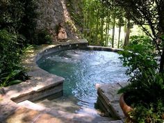 an outdoor hot tub surrounded by trees and plants