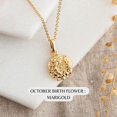 October Birth Flower Necklace : Gold Plated Sterling Silver Marigold Necklace  Personalised Birthday Gift for Her - October Birthday Gift Idea Each month of the year is associated with a special flower. October's flower is the marigold. As October's birth flower, the marigold holds special meaning for individuals born in this month. The marigold is said to represent a stubborn determination to succeed and is associated with the qualities of being passionate and creative. Made from gold plated st Gold Flower Necklace For May Birthstone, Gold Flower Necklace As Gift, Gold Flower-shaped Necklace For Birthday Gift, Gold Flower Shaped Necklace For Birthday Gift, Gold Flower Jewelry For Birthday, Gold Flower Necklaces For Celebration, Gold Necklaces With Flower Charm For Birthday, Gold Necklaces With Flower Charm For Birthdays, Gold Birth Flower Necklace For Gifts