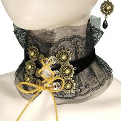 Effortlessly achieve your steampunk look with this jewelry set! Steampunk jewelry for women Pendant size: 2.5cm Material: lace Included: choker and a pair of earrings Arcane Jewelry, Steampunk Aesthetic Outfit, Steampunk Accessories Women, Steampunk Choker, Sleepy Hallow, Ruff Collar, Steampunk Aesthetic, Steampunk Earrings, Drag Makeup