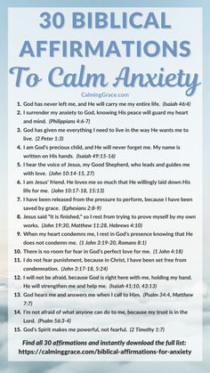 a poster with the words 30 biblical affirmations to calm anxiey