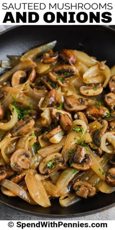 sauteed mushrooms and onions in a skillet with parsley on the side